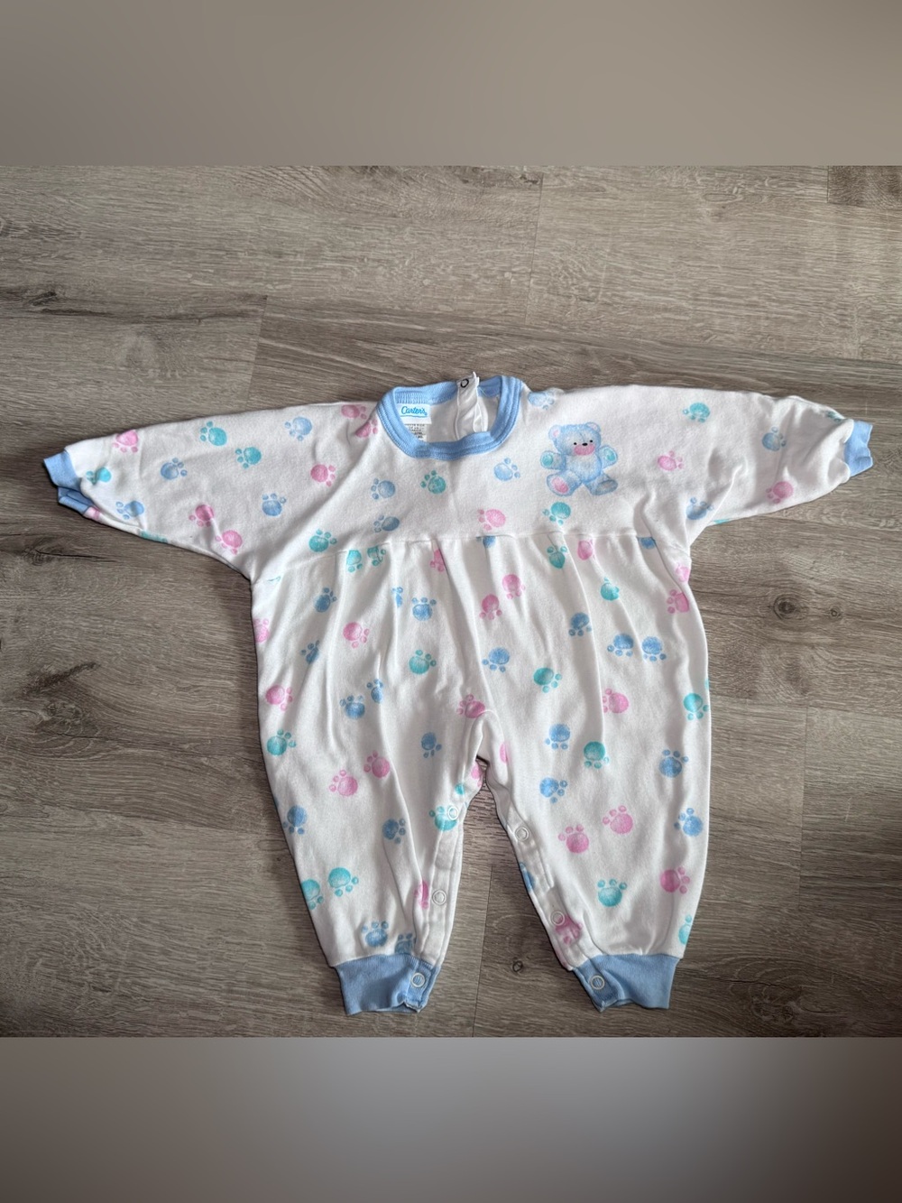VTG Carter's Pastel Teddy Bear Paw Print Slouchy Romper Jumpsuit 6M 80s 90s
